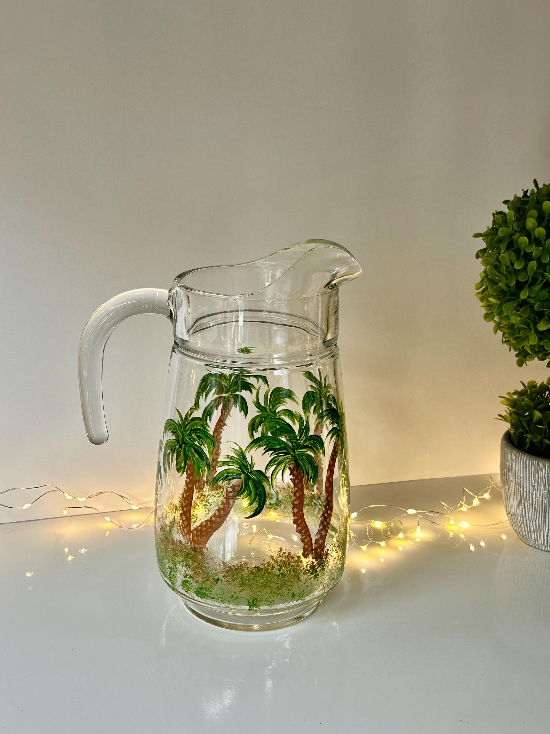 Tree Pitcher Palm Trees Glass Pitcher, Large Glass Tropical Pitcher, Water Sangria ...
