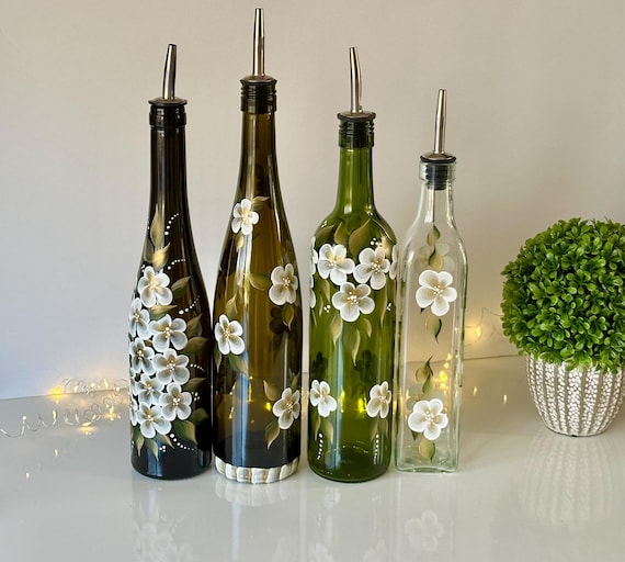 Painted olive oil bottle white gold flowers, vinegar dressing bottle, recycled wine bottle liquid dish soap dispenser, bride to be gift