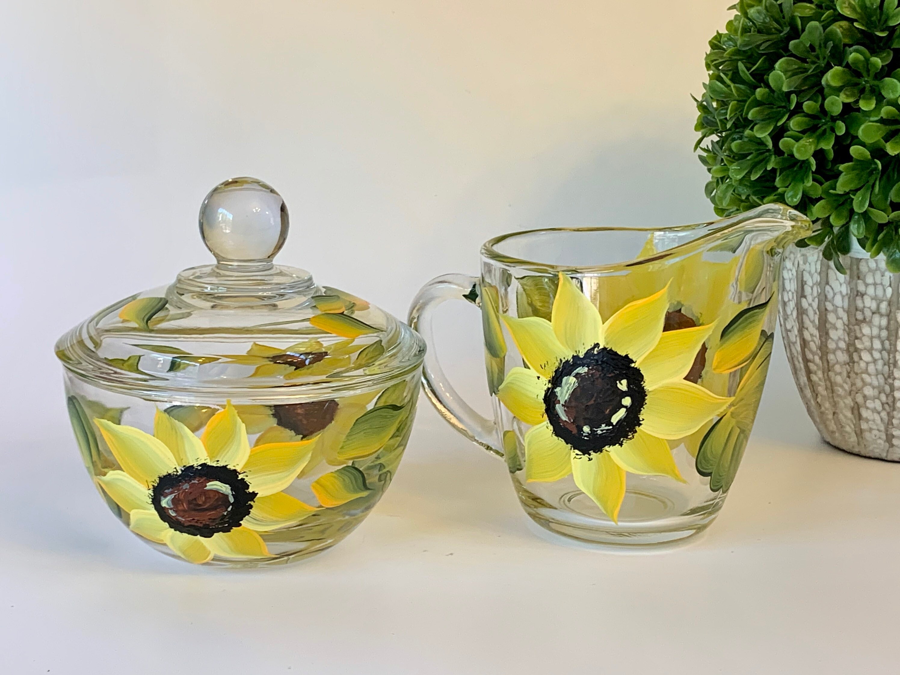 Hand painted glass sugar and creamer set sunflowers or sage Etsy