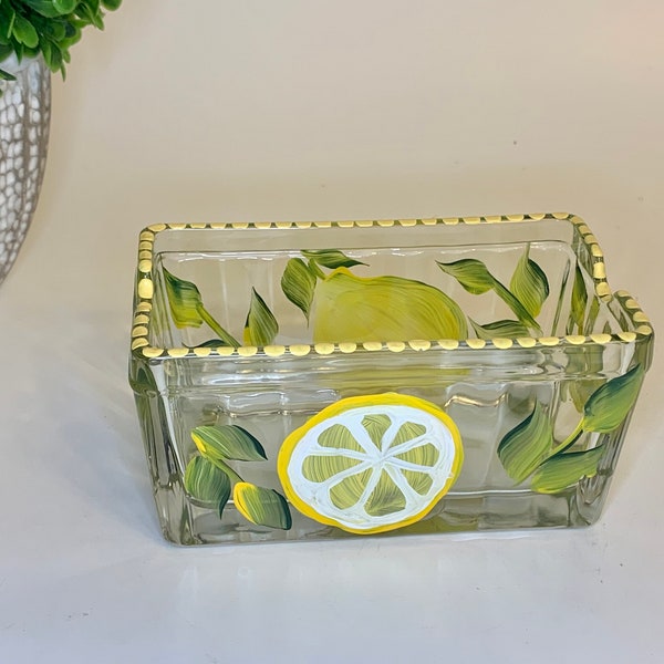 Sweet'n low dish, sugar package container, painted lemons ring dish, potpourri holder, tea light holder, tea bag dish, lemons candy dish