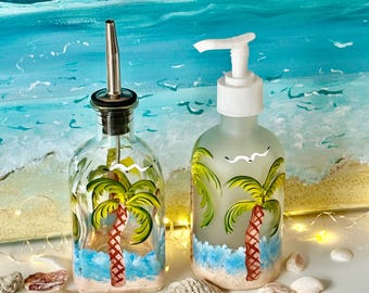 Painted olive oil bottle ocean scene, soap dispenser, soap dish, vinegar dispenser, liquid soap dispenser, tropical bottle, palm tree bottle