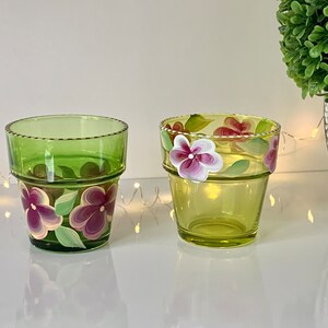 Painted glass candle holder, pink flowers votive candle holder, 21st birthday gift for her, godmother gift