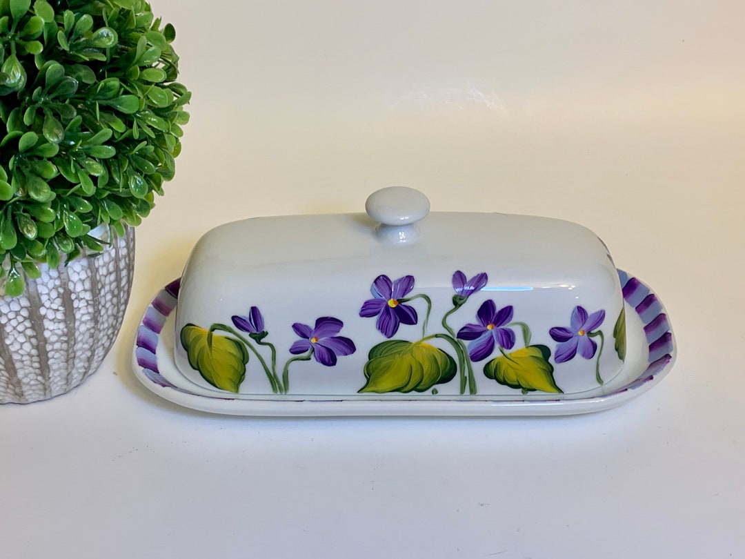 Butter Dish, Hand Painted Violets Ceramic Butter Dish, Covered Butter
