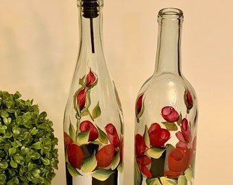 Olive oil bottle, red roses bottle ,  vinegar bottle, dressing dispenser, oil dispenser, soap dispenser, painted wine bottle, olive bottle