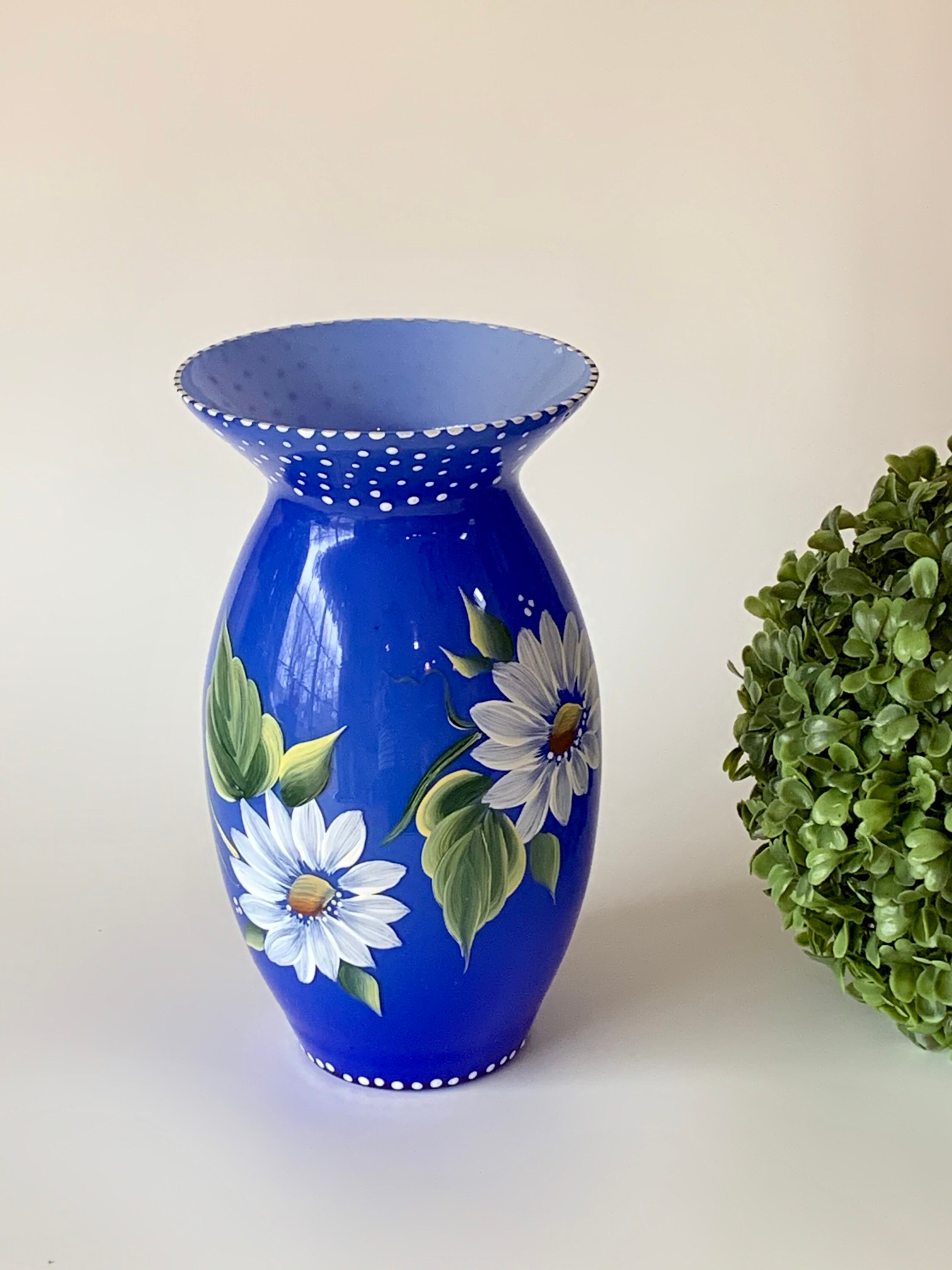 Florero de cristal grande pintado a mano, centro de mesa para boda, jarrón  personalizado con vidrieras azules para flores. -  España