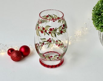 Painted winter vase whimsical Christmas, glass flower vase, winter berries holiday coffee table decor, winter birthday grab bag gift