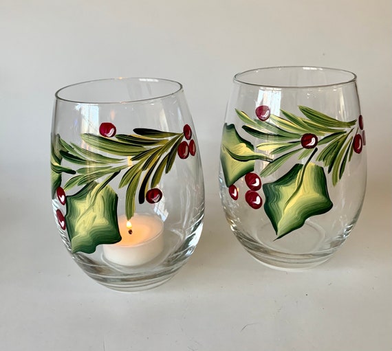 Christmas Wine Glasses - Set of 2 Stemless - Hand Painted - Holly