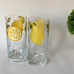 Painted juice glasses, lemons lemon slices, sister in law gift, godmother gift, lemons tall water glasses, citrus drink, cocktail glasses