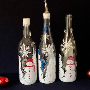 Snowman soap dispenser, winter olive oil bottle, Christmas lighted bottle decor, painted liquid soap dispenser, lighted decorative bottle