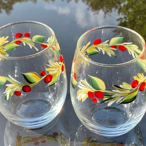 Stemless wine glass painted with holly berry. Listing is for two glasses. image 8