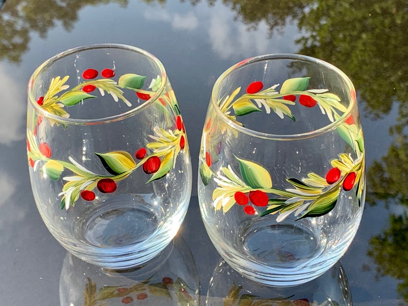 Stemless wine glass painted with holly berry. Listing is for two glasses. image 8