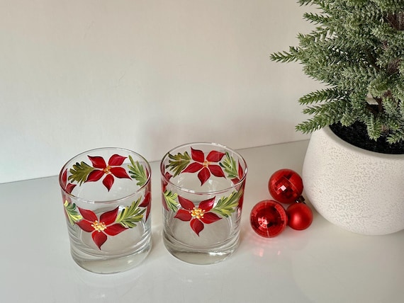 Painted whiskey glass poinsettia, holiday cocktail glass boyfriend father birthday gift, winter Christmas decor, grab bag gift for coworker