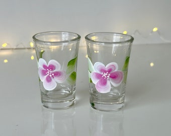 Shot glass set painted pink flowers summer wedding party favors, 30 birthday gift for women tiered tray decor, 21st birthday gift for her