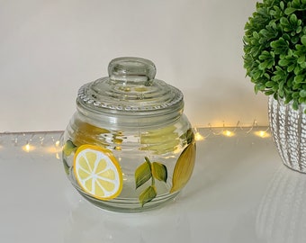 Painted lemons cookie jar, sealed candy jar, penny jar, candle holder, lemons tea bags jar, potpourri jar, lemon themed kitchen gift