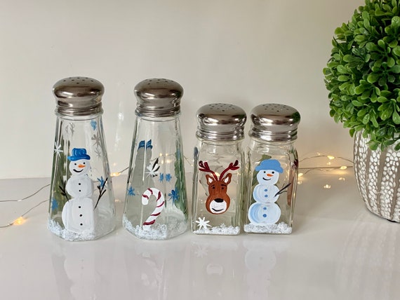 Snowman Salt Pepper Winter Shakers, Holiday Glass Shakers, Painted Reindeer  Unique Christmas Shakers Grab Bag Gift, Winter Wedding Gift 