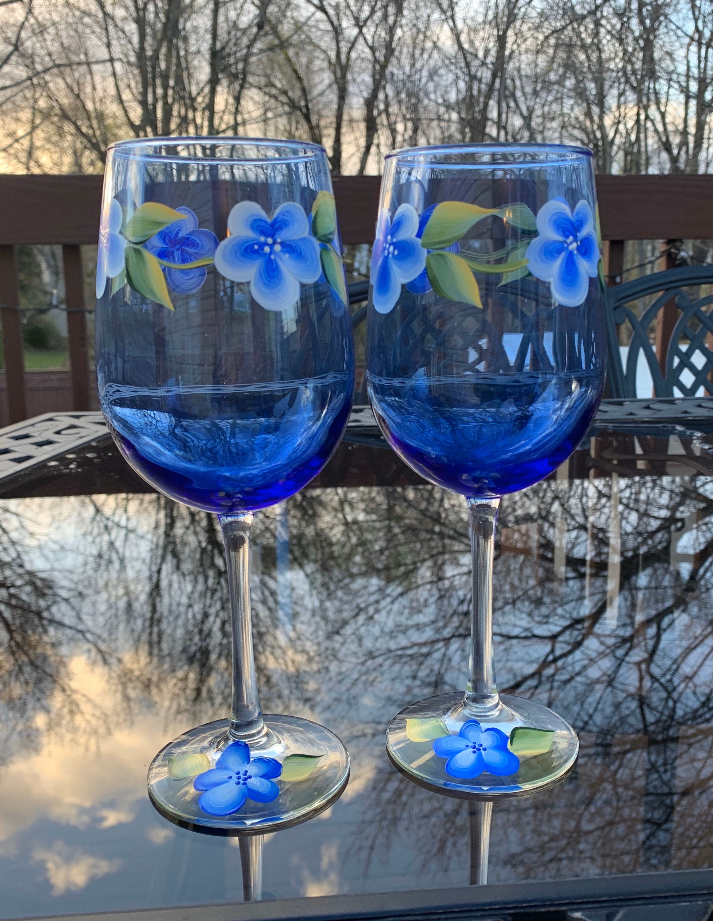 Jessie Hand-Painted Enamel Flower Wine Glasses - Set Of 2 With Gift Box, 320ml, Blue 3D Design