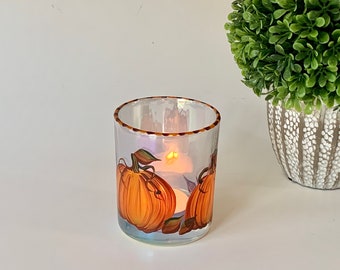 Painted pumpkin candle holder, fall pumpkin decor, autumn table decor, fall wedding gift, pumpkin coffee table decor, cute tea light holder