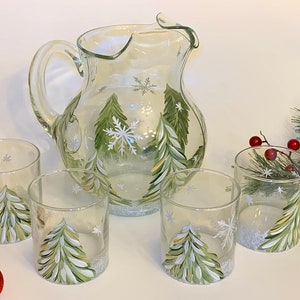Painted glass pitcher set with winter trees, holiday pitcher, Christmas pitcher cocktail glasses, white winter candle holder grab bag gift