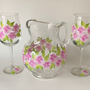Painted large glass pitcher, sangria pitcher, lemonade pitcher, painted pink flowers vase pitcher, Easter pitcher set, spring flower vase