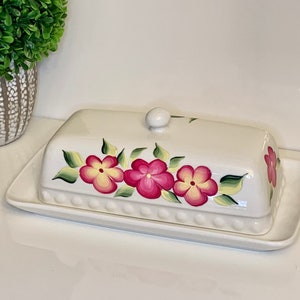 Painted ceramic butter dish, magenta floral covered butter dish, painted flowers butter dish with lid, bridal shower kitchen gift for her