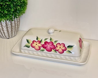 Painted ceramic butter dish, magenta floral covered butter dish, painted flowers butter dish with lid, bridal shower kitchen gift for her