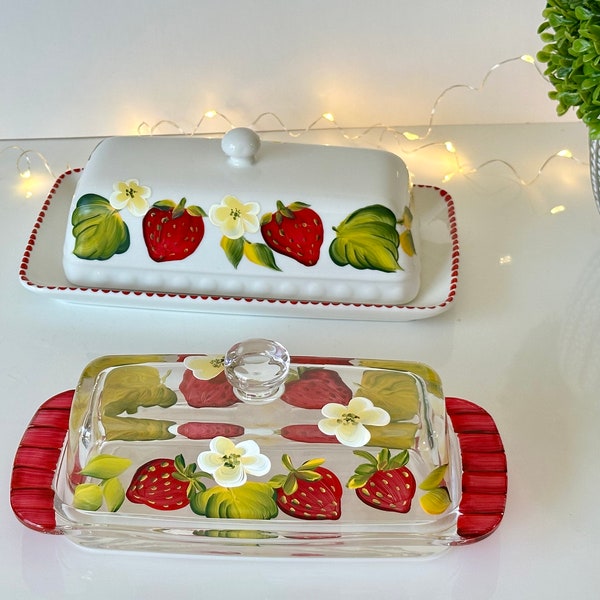 Hand painted strawberry butter dish,  butter dish with lid, painted butter dish, wedding gift, strawberry covered butter dish with knob
