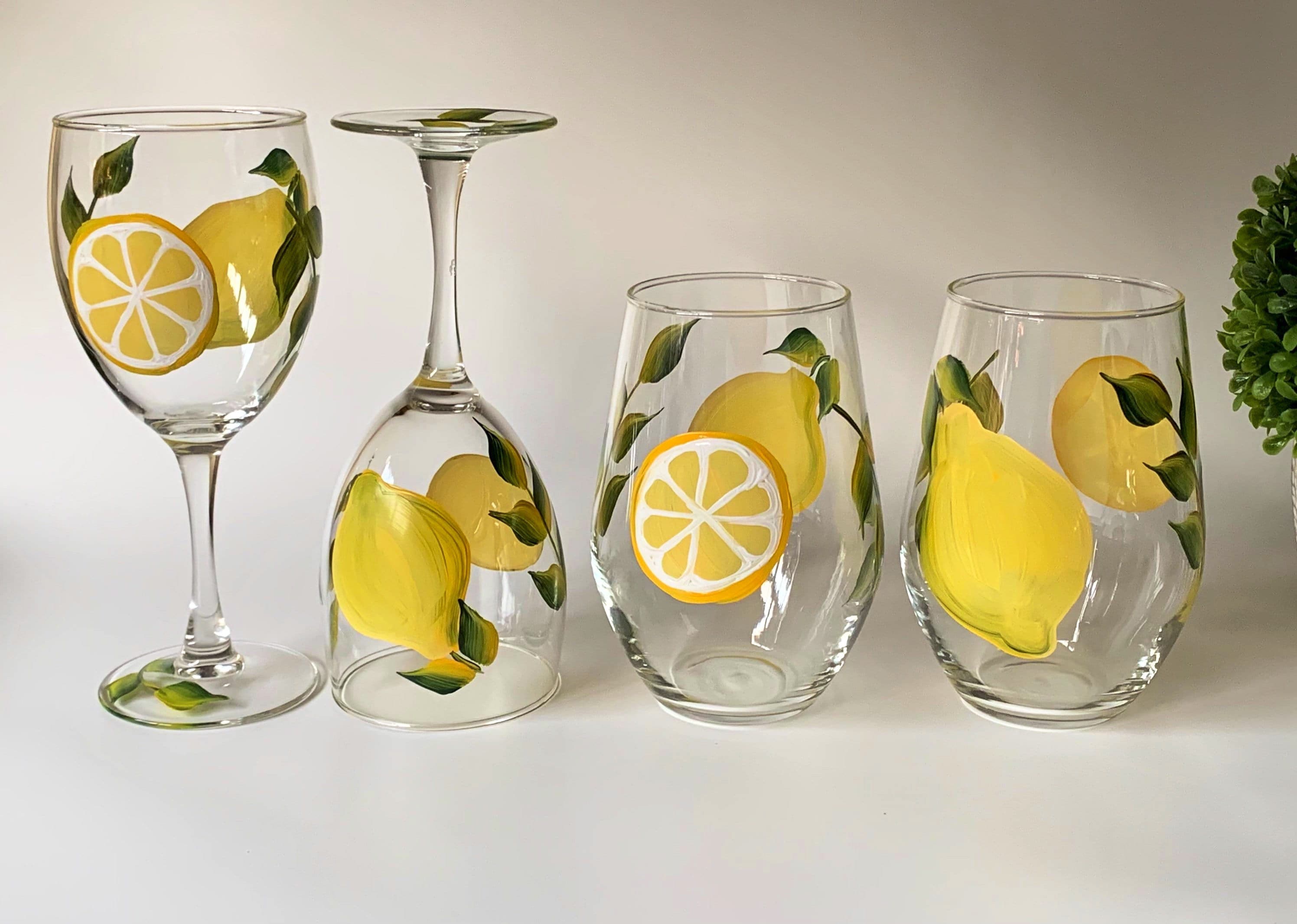 Lemons Hand Painted Sangria Glasses & Pitcher Set 7 Piece Hostess Gift Set,  Summer Party Fun, Lemon Decor Lemon Blossoms Lemon Kitchen Decor 