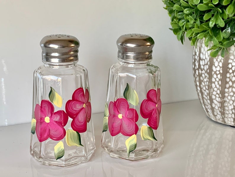 Hand painted salt and pepper shakers, magenta floral glass shaker set, painted shakers, handpainted glass table decor image 8