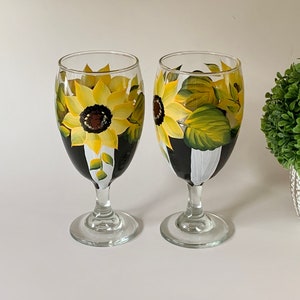 Hand Painted Yellow Sunflower Glasses Set of 2 12 Ounce Stemmed