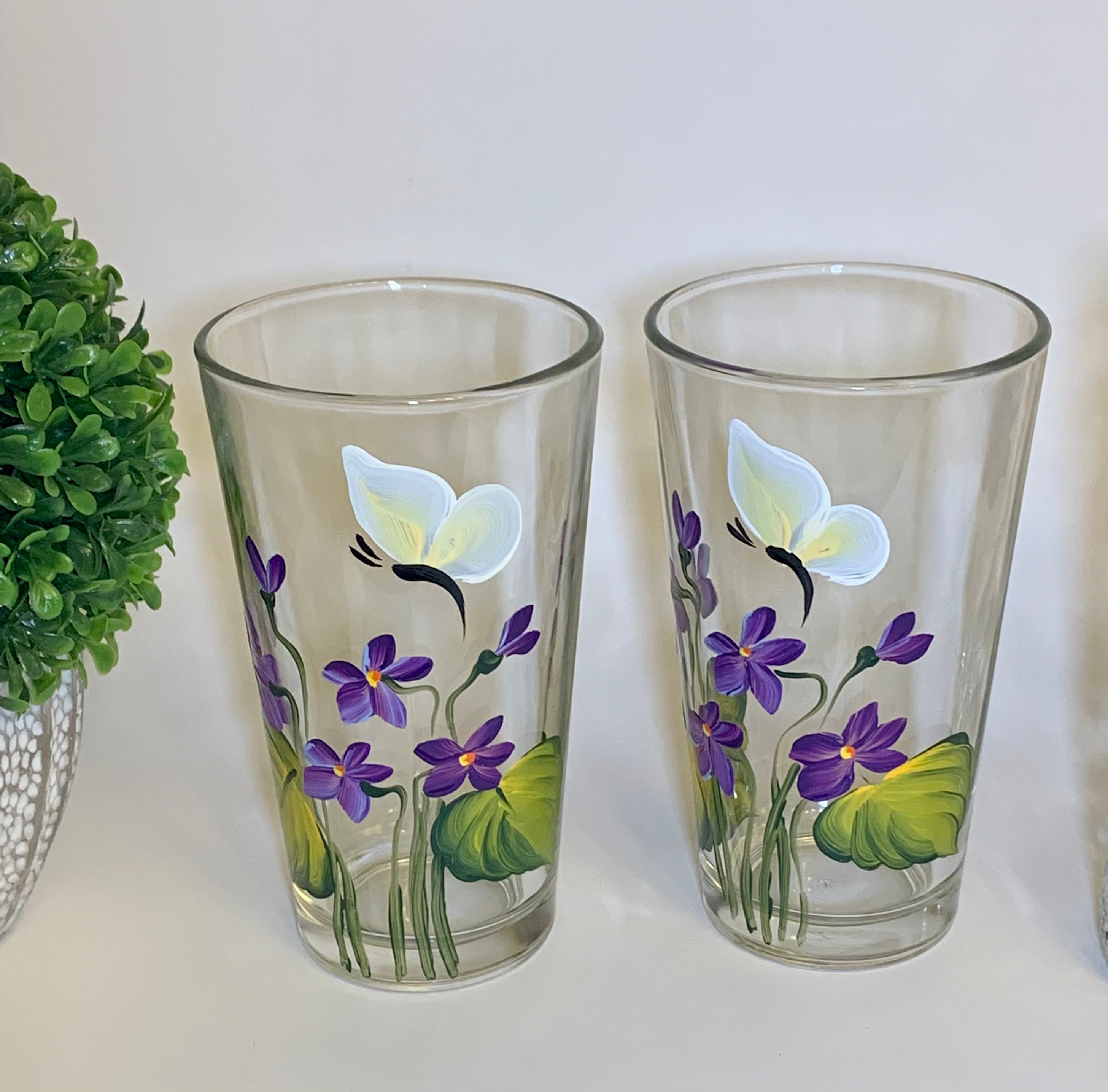 Hand Painted Violets Glass Pitcher Set Juice Glasses Easter 