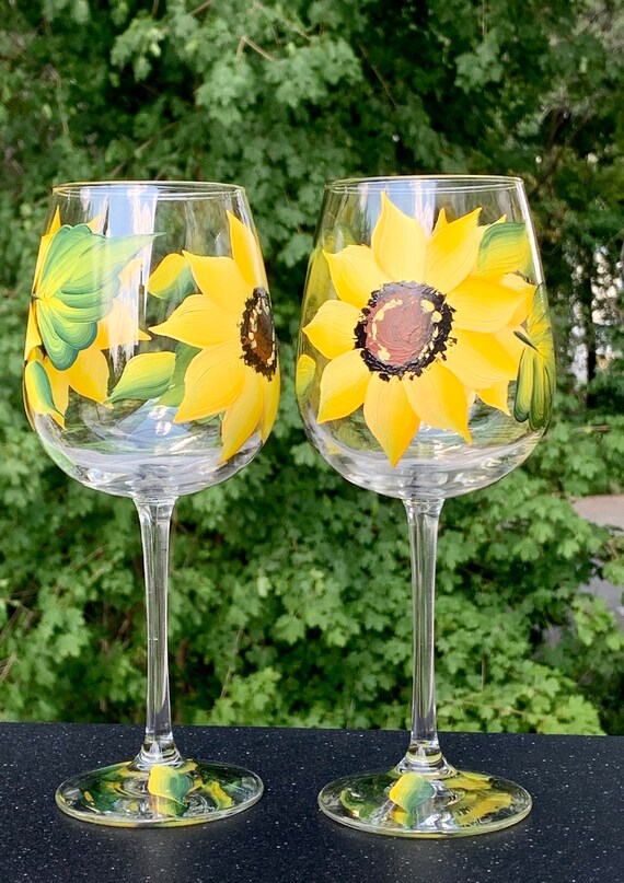 Painted Wine Glasses With Sunflowers. Listing is for 2 Pcs , 18.5 Fluid Oz.  - Etsy