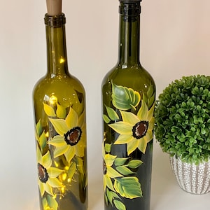 Painted sunflower olive oil bottle, olive colored glass, oil dispenser, dish soap dispenser, vinegar bottle, salad dressing, lighted bottle