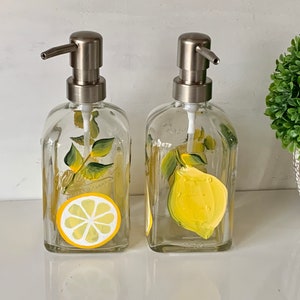 Soap dispenser, painted lemons, dish soap dispenser, soap dish, hand soap dispenser, glass soap dispenser, liquid soap, lemon soap.