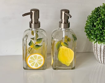 Soap dispenser, painted lemons, dish soap dispenser, soap dish, hand soap dispenser, glass soap dispenser, liquid soap, lemon soap.