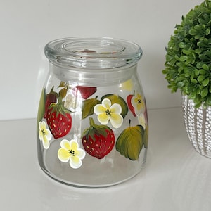Painted cookie jar strawberries, jar candle holder, housewarming gift, strawberry kitchen decor fruit sugar canister, strawberry lover gift