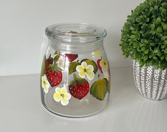 Painted cookie jar strawberries, jar candle holder, housewarming gift, strawberry kitchen decor fruit sugar canister, strawberry lover gift