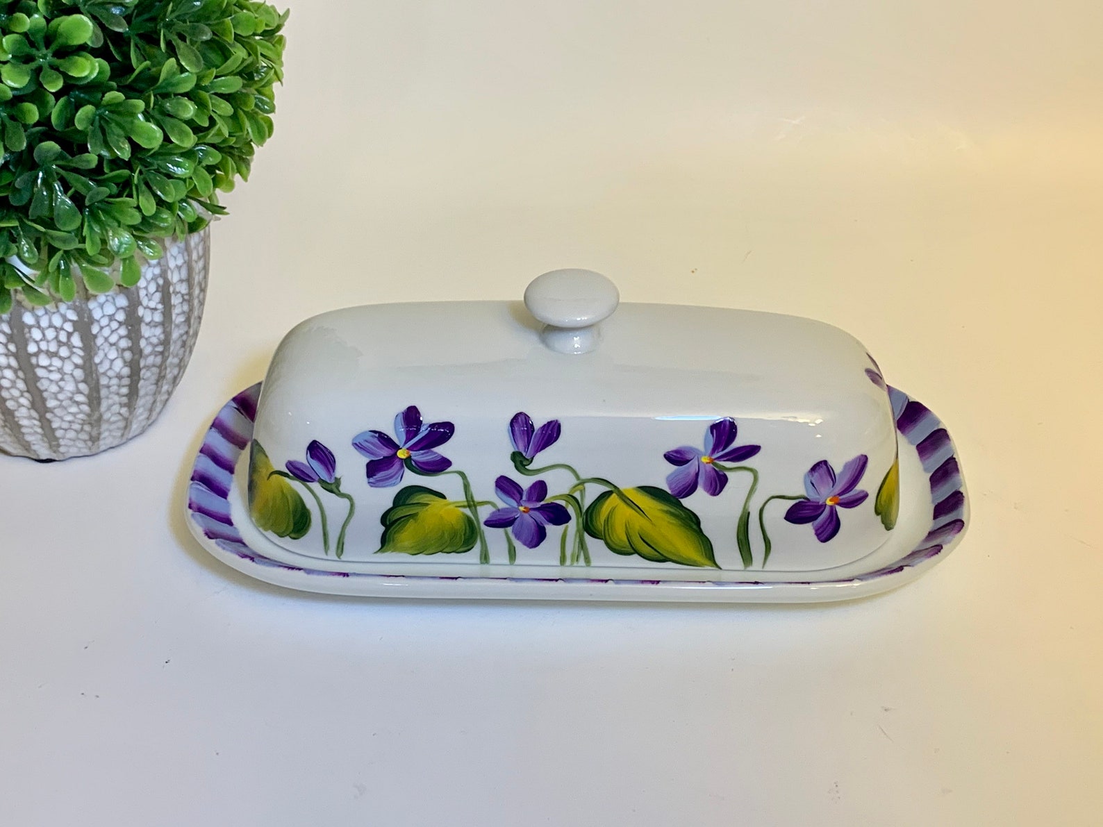Butter Dish Hand Painted Violets Ceramic Butter Dish Covered Etsy