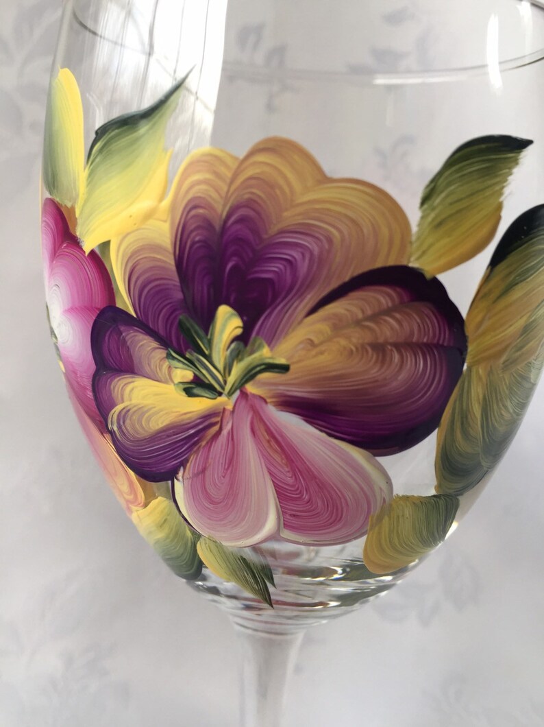 Pansies Wine Glasses Wine Goblet Painted Wine Glass Set Etsy
