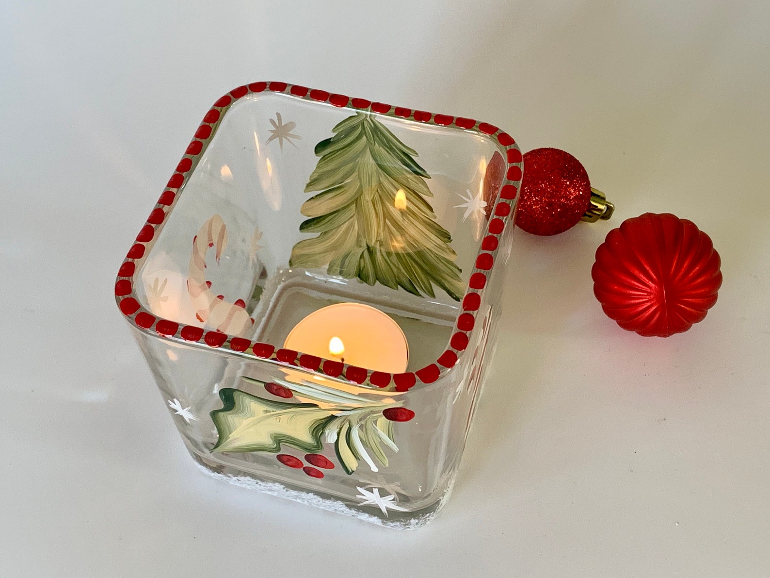 Christmas Glass Candle Holder Hand Painted Winter Trees Glass Etsy