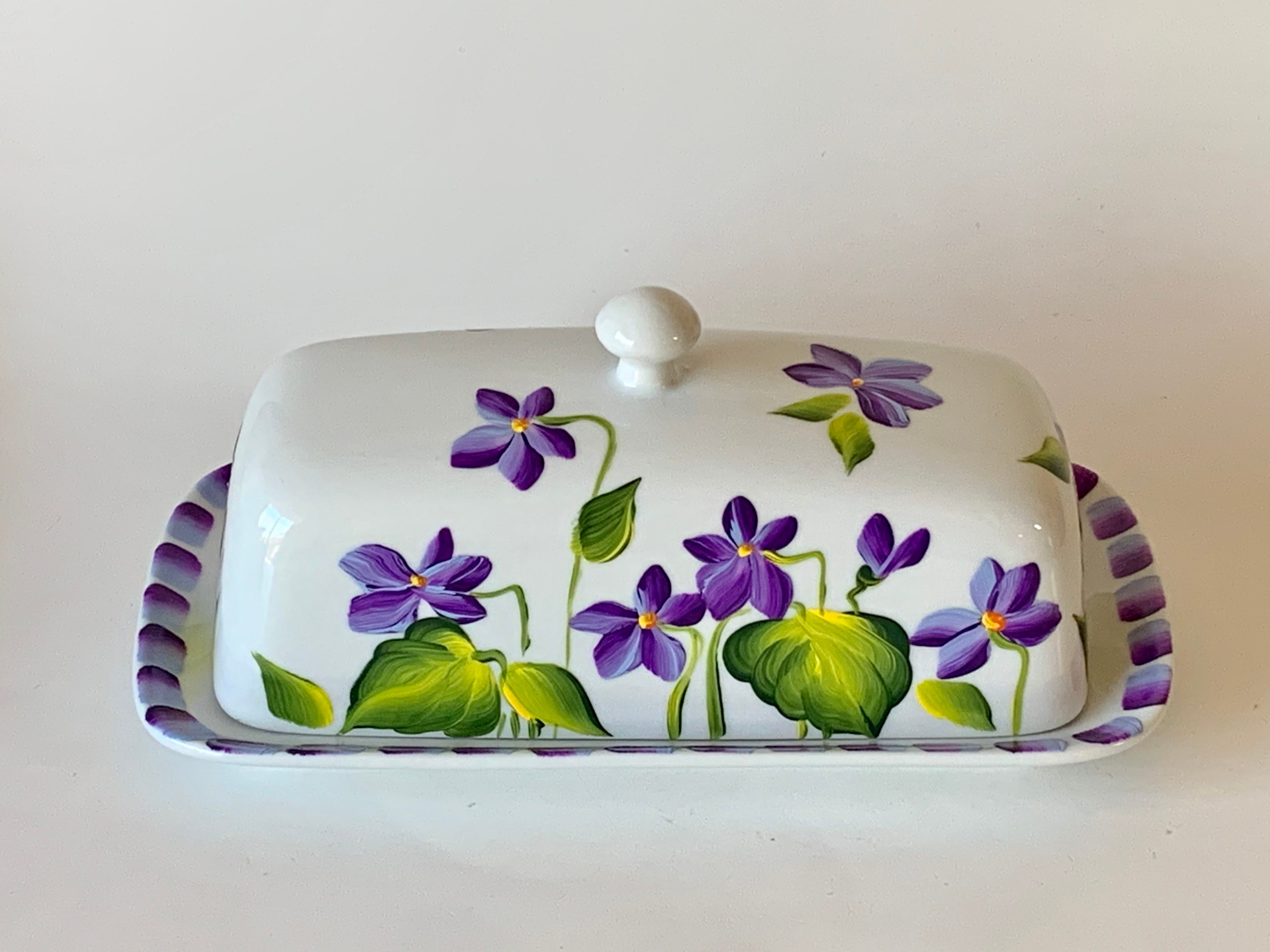Butter dish hand painted violets ceramic butter dish covered Etsy