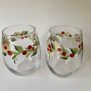 Stemless wine glass painted with holly berry. Listing is for two glasses. image 6