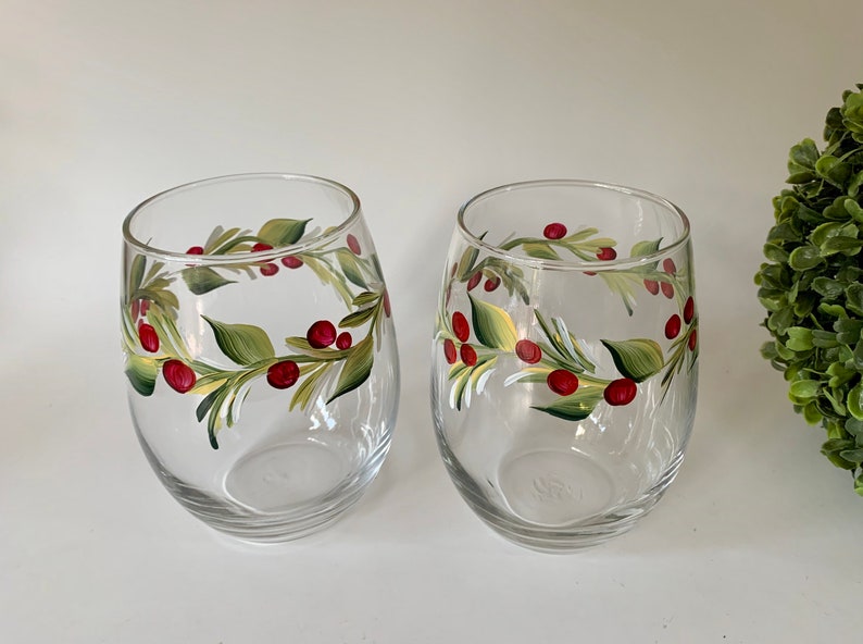 Stemless wine glass painted with holly berry. Listing is for two glasses. image 6