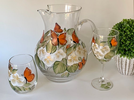 Butterfly Glass Pitcher Set, Painted Stemless Wine Glasses, Step Mom Gift,  White Gold Flowers Lemonade Pitcher Godmother Gift, Sangria Set 