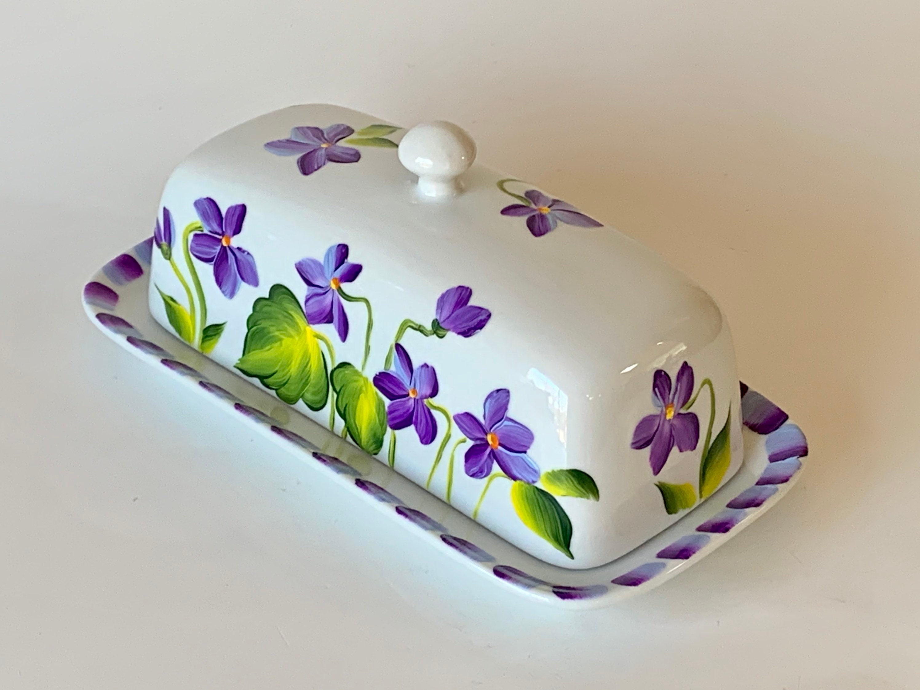 Butter dish hand painted violets ceramic butter dish covered Etsy