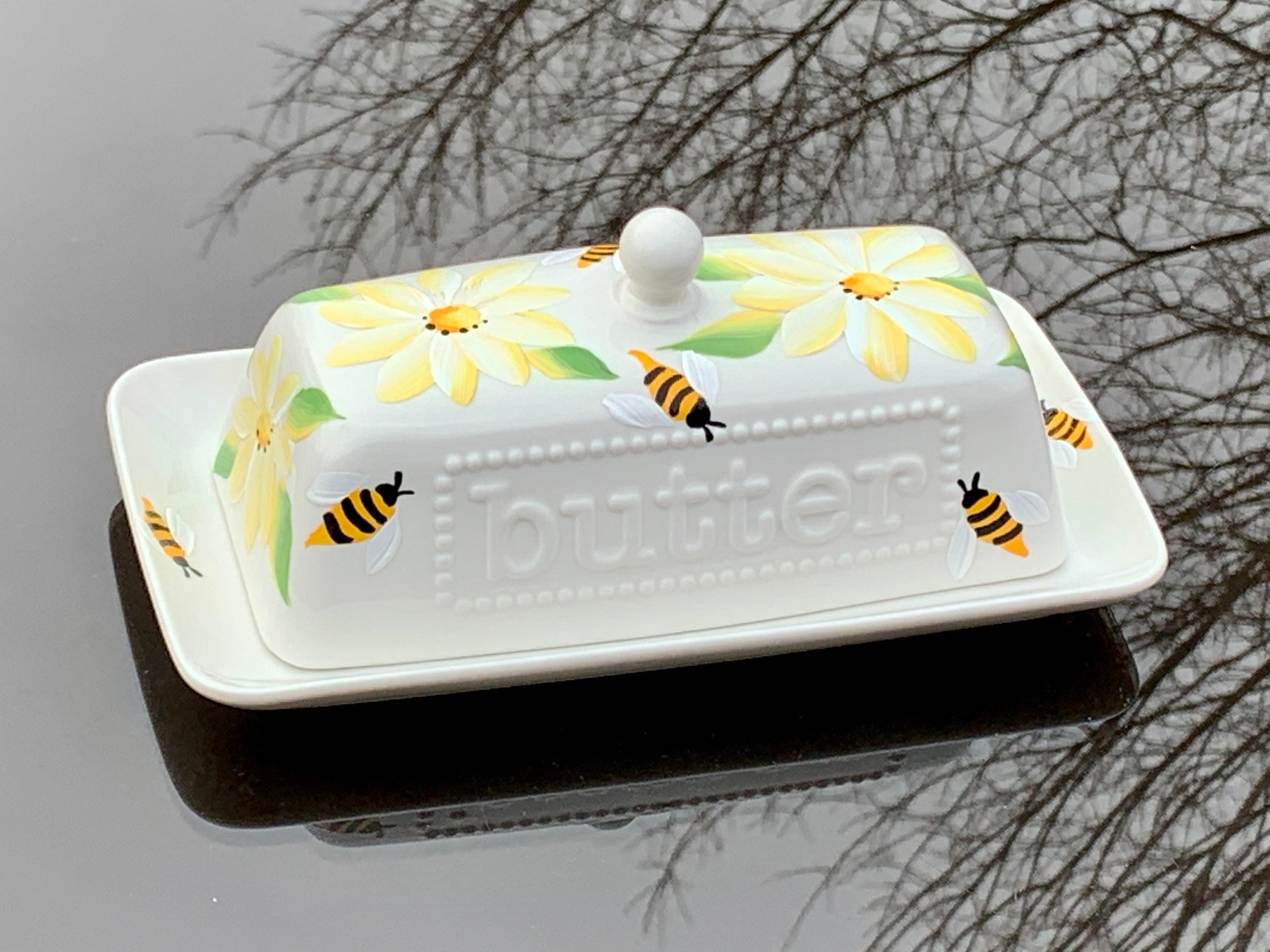 Butter dish hand painted daisies and bees covered butter Etsy