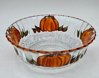 Painted glass pumpkin bowl, autumn decor, fall salad bowl, fall candy dish, medium salad bowl, painted snack dish, autumn centerpiece