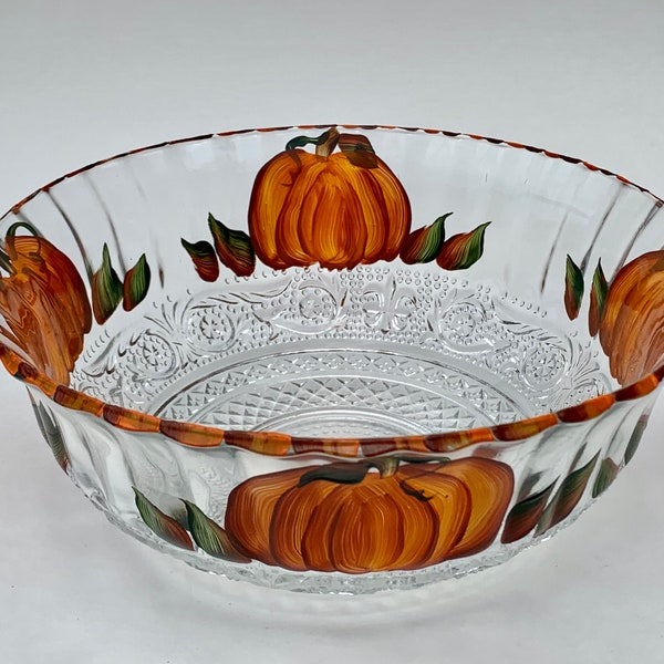 Painted glass pumpkin bowl, autumn decor, fall salad bowl, fall candy dish, medium salad bowl, painted snack dish, autumn centerpiece