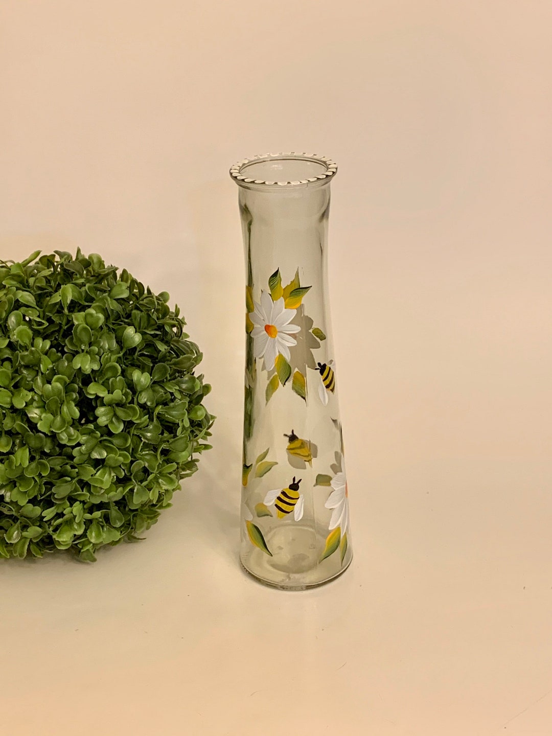 Hand Painted Glass Vase White Daisies and Bees, Bud Vase, Flower Vase