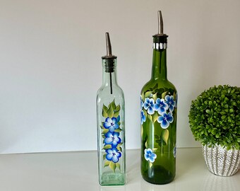 Hand painted olive oil bottle blue flower kitchen decor, vinegar dispenser, liquid dish soap dispenser blue flower birthday anniversary gift