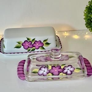 Ceramic butter dish with lid painted  kitchen decor, covered butter dish mom gift, painted glass butter dish sister friend birthday gift